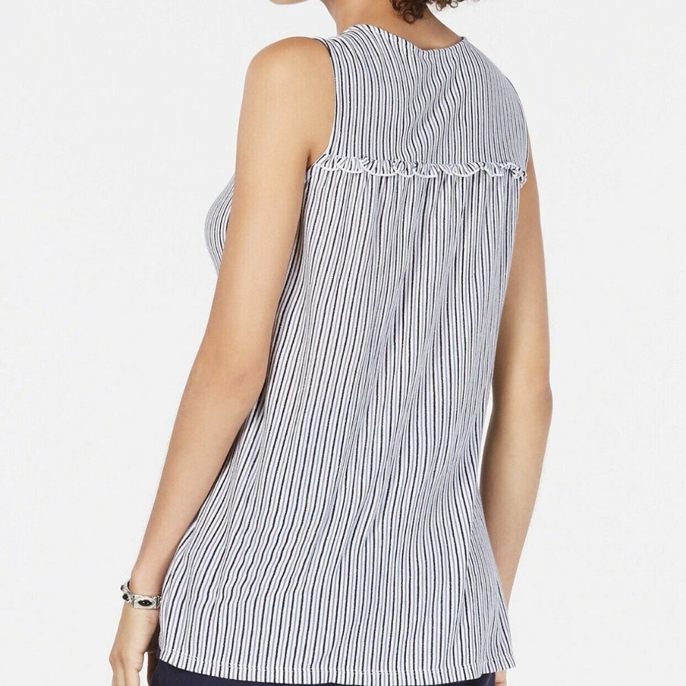 Style & Co. White and Navy Striped Sleeveless Tie-Front Blouse - Picture 2 of 3